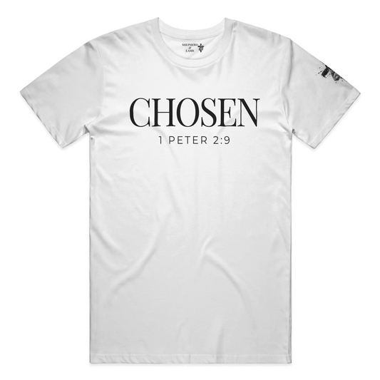 Front view of CHOSEN Christian t-shirt inspired by 1 Peter 2:9 from Shepherd & Lamb
