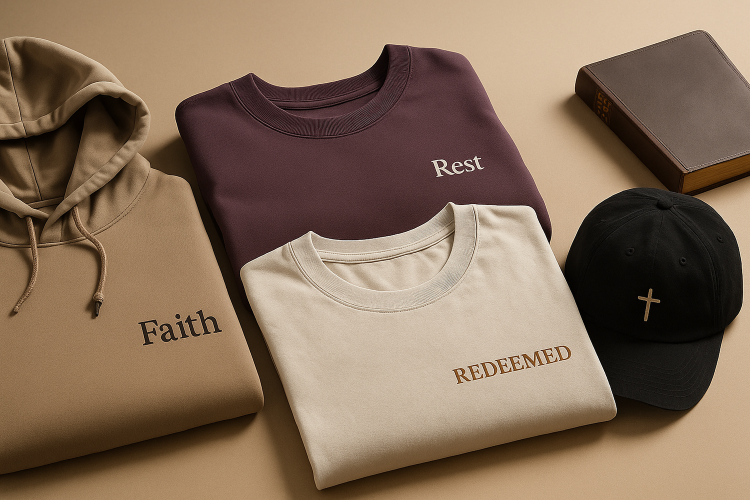 Christian apparel and Bible verse clothing from Shepherd & Lamb featuring Redeemed shirt and cross hat