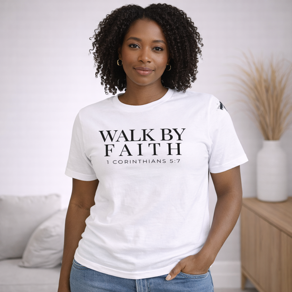 WALK BY FAITH Christian T-Shirt | 2 Corinthians 5:7 Bible Verse Shirt